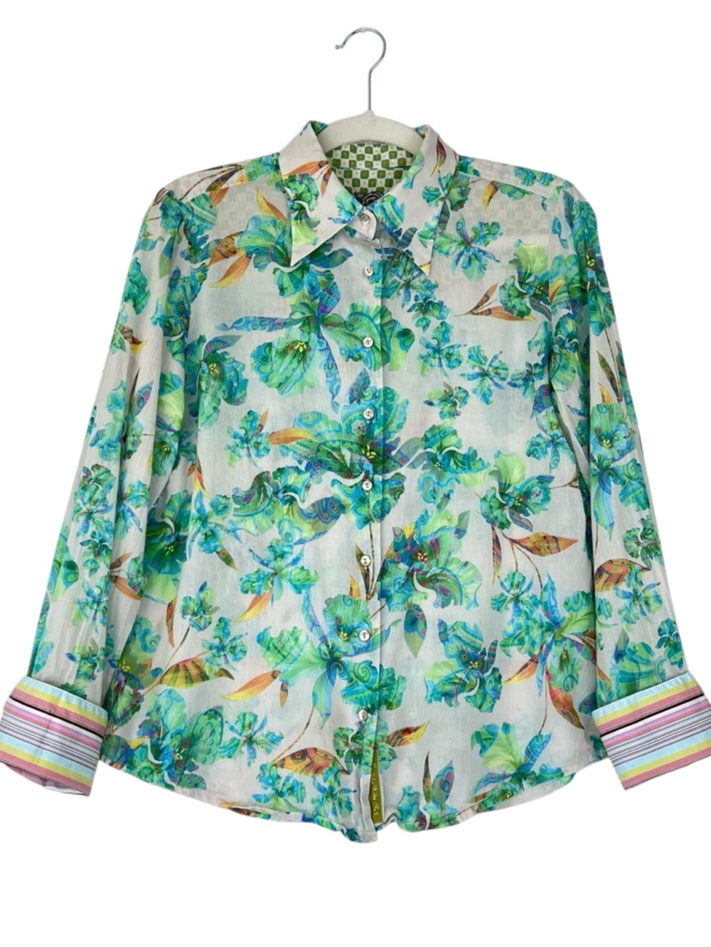 Robert Graham Women’s Floral Print Flip Cuff Button Up Shirt Sz S Ivory Green